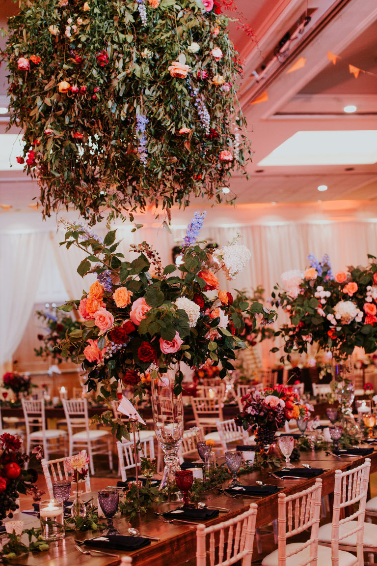Hanging flowers at reception | Evelyn Clark Weddings, Calgary wedding planner
